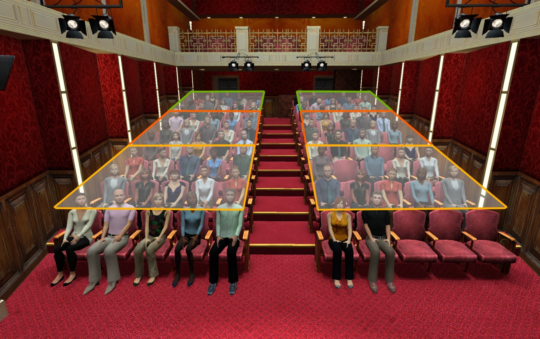 A small theater is divided into 6 zones for engaging with eye contact, by dividing each section into 3.